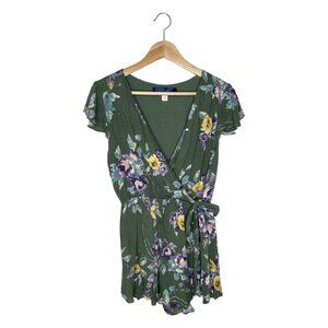 Green Floral Wrap Romper Rayon Lined Ruffle Size M